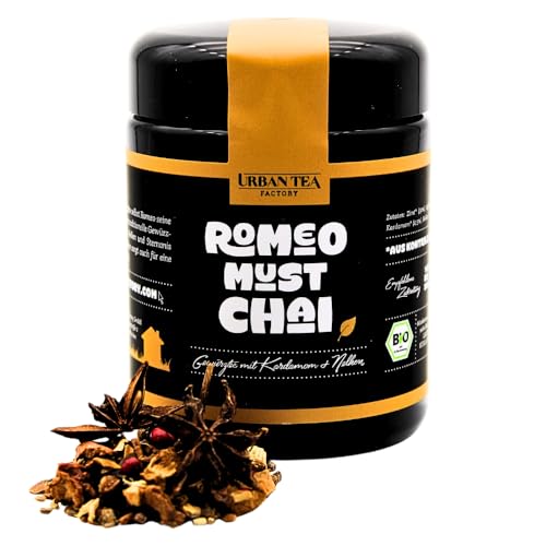 Urban Tea Factory | Bio Teemischung | Romeo Must Chai | Bio Gewürztee mit Kardamom & Nelken im Violettglas | 65g | loser Premium Bio-Tee | 100% natürlich | vegan von Urban Tea Factory
