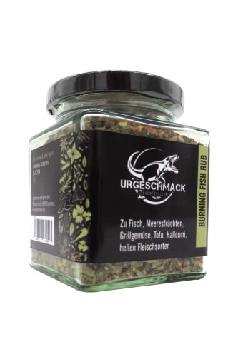 Urgeschmack Eventgrillen Buring Fish Rub 115 g im Glas ( Gewürzmischung für Fisch, Meeresfrüchten, Grillgemüse, Tofu, Halloumi, hervorragend für Lachs - Flammlachs ) 1er Pack von Urgeschmack Eventgrillen