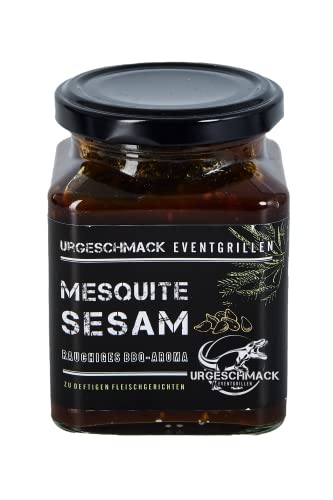 Urgeschmack Eventgrillen Mesquite Sesam Sauce 300g im Glas (BBQ Sauce, Rauchiges Aroma, zu deftigen Fleischgerichten, Steaks, Pulled Pork, Laktosefrei, ohne Konservierungsstoffen) 1er Pack von Urgeschmack Eventgrillen