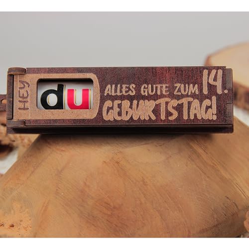 Urhome Geschenkbox Alles Gute zum 14. Geburtstag mit Duplo Schokoriegel - Überraschung Holzbox mit Spruch Gravur inkl. Schokolade Geschenk Riegel - Geburtstagsgeschenk Dunkel Braun von Urhome