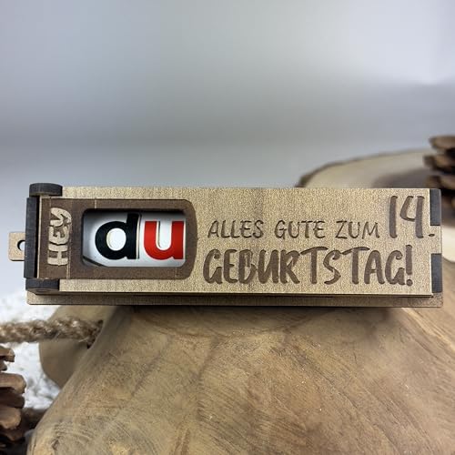 Urhome Geschenkbox Alles Gute zum 14. Geburtstag mit Duplo Schokoriegel - Überraschung Holzbox mit Spruch Gravur inkl. Schokolade Geschenk Riegel - Geburtstagsgeschenk für Kind Junge Mädchen von Urhome