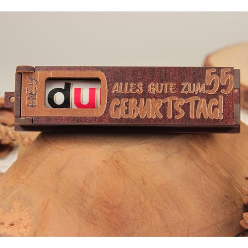 Urhome Geschenkbox Alles Gute zum 55. Geburtstag mit Duplo Schokoriegel - Überraschung Holzbox mit Spruch Gravur inkl. Schokolade Geschenk Riegel - Geburtstagsgeschenk Dunkel Braun von Urhome