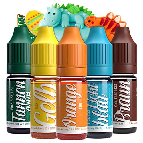 Lebensmittelfarbe Set Dino 5x10ml Farbstoff hoch konzentriert, Made in DE zuckerfrei, flüssig, zum Färben von Getränken, Kuchen, Teig, Toppings, Slime uvm. Tortendeko - Backzubehör von Belissia