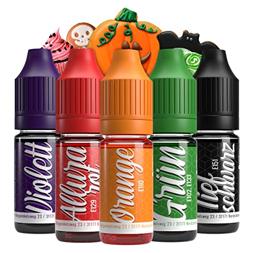 Lebensmittelfarbe Set Halloween 5x10ml Farbstoff hoch konzentriert, Made in DE zuckerfrei, flüssig, zum Färben von Getränken, Kuchen, Teig, Toppings, Slime uvm. Tortendeko - Backzubehör von V2 FOODS