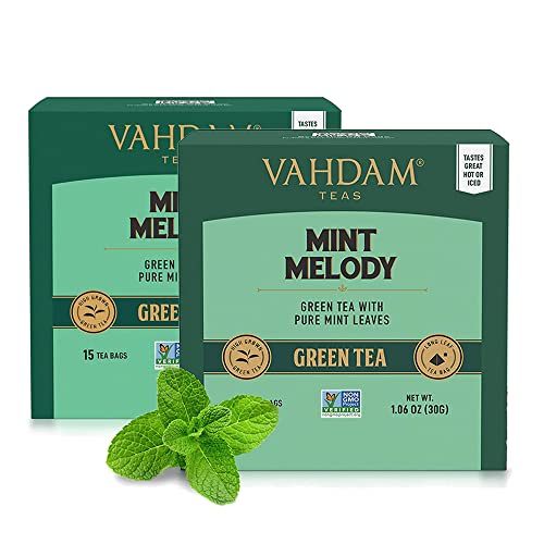 Grüner Minze Tee, 30 Pyramiden-Teebeutel - Long Leaf Grüne Teeblätter aus dem Himalaya gemischt mit 100% NATÜRLICHER pfefferminztee - Gartenfrischer Minztee (2 Boxen, je 15 Tea Bags) von VAHDAM