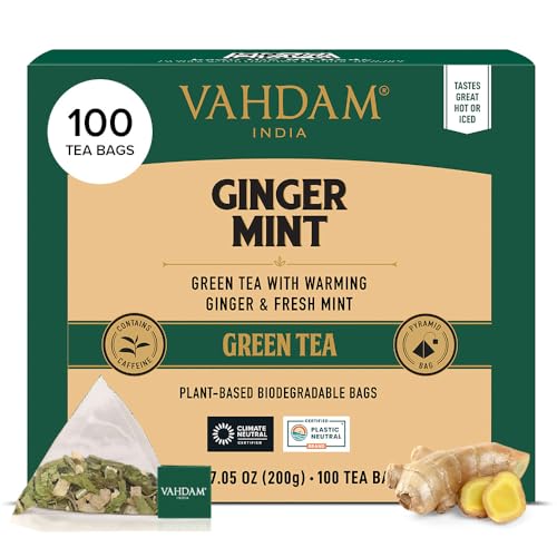 VAHDAM, Ingwer Minz Grüner Tee (100 Teebeutel) Grüner Blättertee mit rohem Ingwer | Geringer Koffeingehalt | GVO-frei, glutenfrei, Direkt aus Indien | Minzteebeutel | Grüntee von VAHDAM