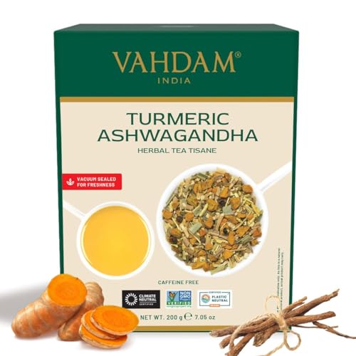 VAHDAM, Kurkuma Ashwagandha (100+ Tassen) | Indiens alte Medizinmischung aus Kurkuma und frischen Gartengewürzen, reich an OXIDANTS & Phyto-NUTRIENTS | Kurkuma-Tee | In Indien verpackt | 200g von VAHDAM