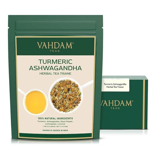 VAHDAM, Kurkuma Ashwagandha (200g, 100+ Tassen) Indiens alte Mischung aus Kurkuma und frischen Gartengewürzen | Kurkuma-Tee | In Indien verpackt von VAHDAM