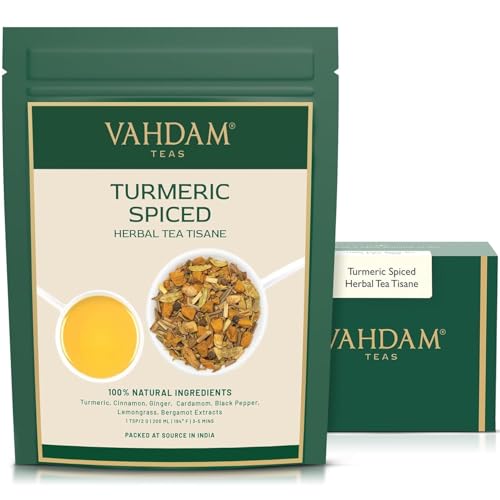 VAHDAM, Kurkuma Gewürztee Kräutertee (100 g) 100% reine Zutaten – Kurkuma, Bergamotte, Zitronengras, Ingwer und frische Gewürze | Verpackt in Indien von VAHDAM