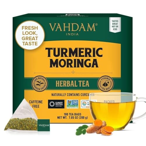 VAHDAM, Kurkuma+Moringa SUPERFOOD Kräutertee (100 Teebeutel) | zertifiziert Indiens Wellness Mischung aus Kurkuma & gartenfrischen Gewürzen | Kräuter Detox Teebeutel zur Immununterstützung von VAHDAM