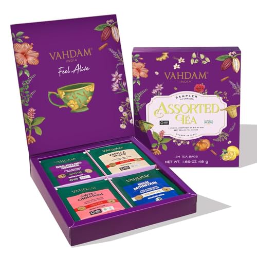 VAHDAM, Tee Sorten Geschenkset (24 tees) Glutenfrei & Gentechnikfrei | Kräutertee, Grüntee, Chai-Tee, Schwarztee | Langblättrige Teebeutel Tee Probierset | Geschenke Für Frauen Und Männer von VAHDAM