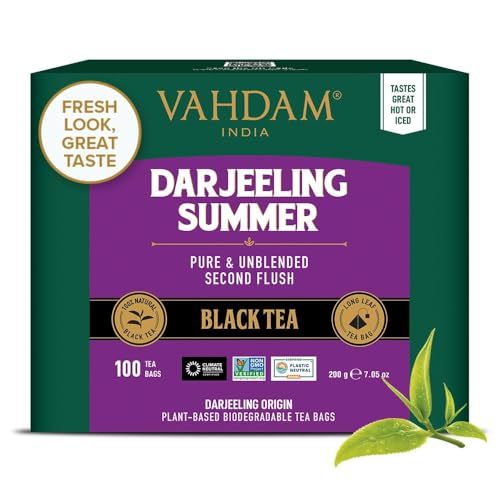 VAHDAM, Darjeeling Schwarzer Tee (100 Teebeutel) | Mittleres Koffein, Hochenergie Tee | 100% Reine Unvermischte Darjeeling Teebeutel Aus Indien | Brau Heiß, Eis oder Kombucha Tee von VAHDAM