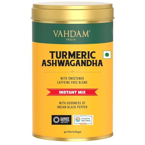 VAHDAM, Kurkuma-Ashwangandha-Latte-Mischung (100 g, 40 Tassen) ohne Zuckerzusatz | Koffeinfreies goldenes Milchpulver mit Curcumin, Kurkumapulver und Ashwagandha-Heiß-/Eistee von VAHDAM