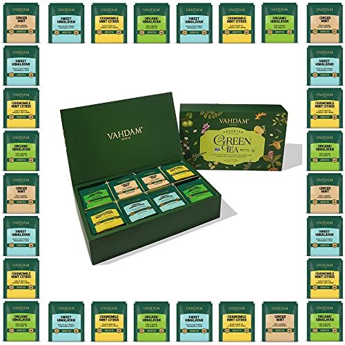 VAHDAM, Grüner Tee Sortenpackung (4 Geschmacksrichtungen, 80 Pyramiden-Teebeutel) Tee Probierset - Langblatt Pyramide Grüner Teebeutel | Geschenke Für Frauen Und Männer, Tee Geschenkset von VAHDAM