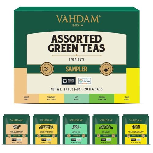 VAHDAM, Grüner tee Probierset | 5 Geschmacksrichtungen, 20 Teebeutel | Teesortenpackung, Langblatt Pyramide Schwarzer Teebeutel | Geschenke Für Frauen & Männer | Grüner Tee Sortiment von VAHDAM