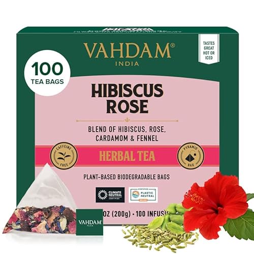 VAHDAM, Hibiscus Rose Kräutertee Beutel (100 Teebeutel) Koffeinfrei | Natürlicher Hibiskusblüten Kräutertee | Blumig Fruchtiges Aufgussgetränk von VAHDAM