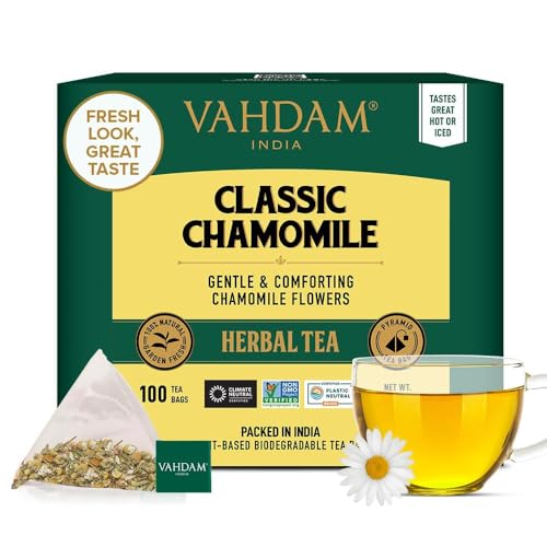 VAHDAM, Classic Chamomile Kräutertee Beutel (100 Teebeutel) Koffeinfrei | 100% Natürliche Zutaten | Kamillen tee | Kräutertee Mit Blumengeschmack von VAHDAM