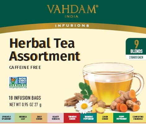 VAHDAM, Kräuter Tee Geschenkset (18 Teebeutel, 9 Geschmacksrichtungen) Koffeinfrei, Gentechnikfrei | Doppelter Aufguss, Einzeln Verpackte Teebeutel | Herbal Tea Assortment 2x9 von VAHDAM