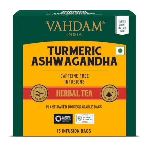 VAHDAM, Kurkuma Ashwagandha SUPERFOOD Kräutertee (15 Teebeutel) Indiens alte Mischung aus Kurkuma & Gartenfrischen Gewürzen | Kurkuma Tee von VAHDAM