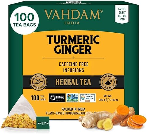 VAHDAM, Turmeric Ginger Kräutertee Beutel (100 Teebeutel) Koffeinfrei | Kurkuma & Gartenfrischen Gewürzen | Verpackt in Indien | Brühen Sie Heiß, Eis oder Kombucha Tee von VAHDAM