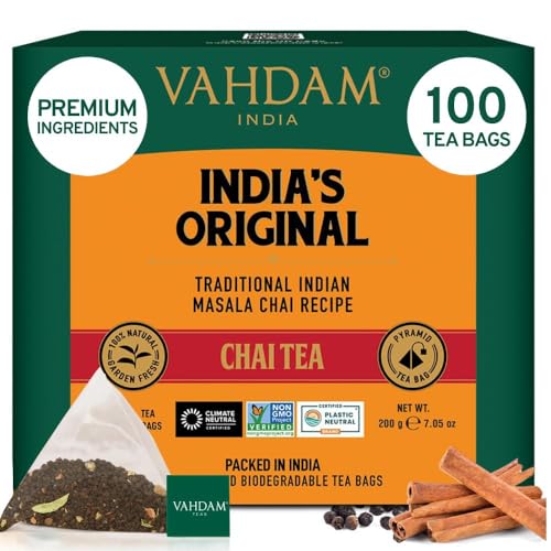 VAHDAM, Masala Chai Teebeutel (100 Teebeutel) 100% Echte & Natürliche Gewürze - Kardamom, Zimt, Schwarzer Pfeffer, Nelken | Aufbrühen Chai Latte von VAHDAM