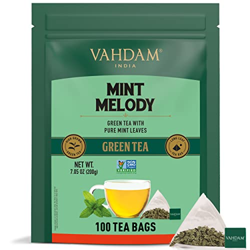 VAHDAM, Grüner Minze Tee (100 Pyramiden Teebeutel) Long Leaf Grüne Teeblätter Aus Dem Himalaya Gemischt Mit 100% Natürlicher Pfefferminztee | Gartenfrischer Minztee von VAHDAM