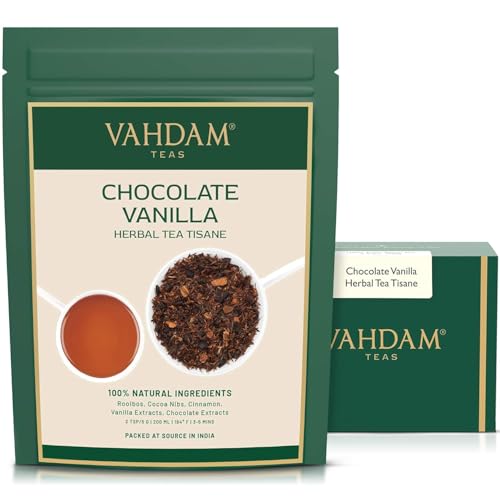 VAHDAM, Schokolade Vanille Kräutertee Tisane-200g/ 100 + Tassen/Rooibos + Handwerkliche SCHOKOLADE + Cremige VANILLE lose-Blatt-Tee / 100% Pure & Natural/Neue Lieblings-Schokolade Genuss von VAHDAM