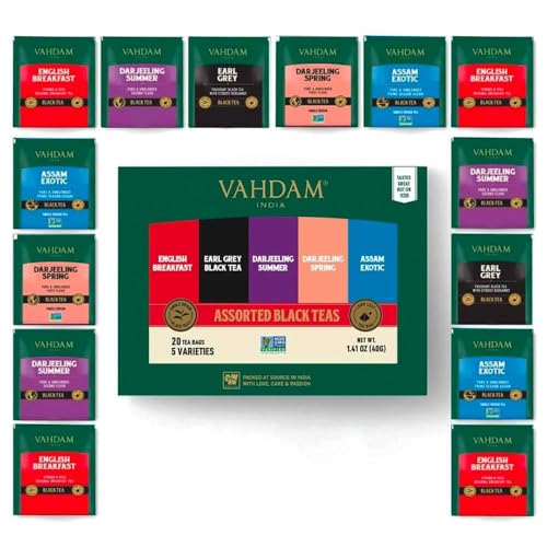 VAHDAM, Schwarzer tee Probierset | 5 Geschmacksrichtungen, 20 Teebeutel | Teesortenpackung, Langblatt Pyramide Schwarzer Teebeutel | Geschenke Für Frauen & Männer | SchwarzTee Sortiment von VAHDAM