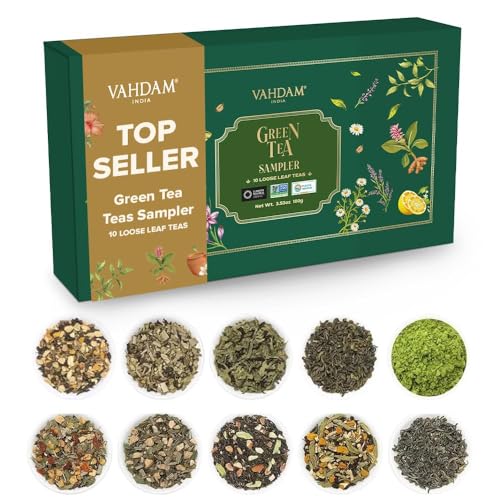 VAHDAM, Grüner Tee Sorten Geschenkset - 10 Tee Set | 100% Natürliche Zutanen | Luxuriöses Tee Geschenkset | Grüntee Sortenpackung | Loser Blätter Tee Probierset von VAHDAM