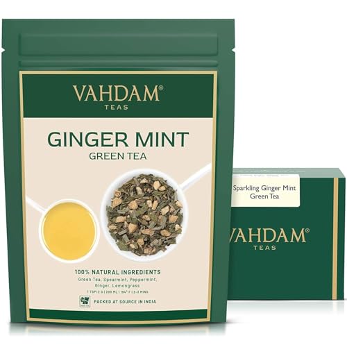 VAHDAM, Sparkling Ingwer Minze Grüner Tee Loose Leaf (200g, 100 Tassen) Mischung aus Ingwer Tee & Minze Tee | 100% Reine grüne Teeblätter | Als heißen Tee oder Eistee brauen von VAHDAM