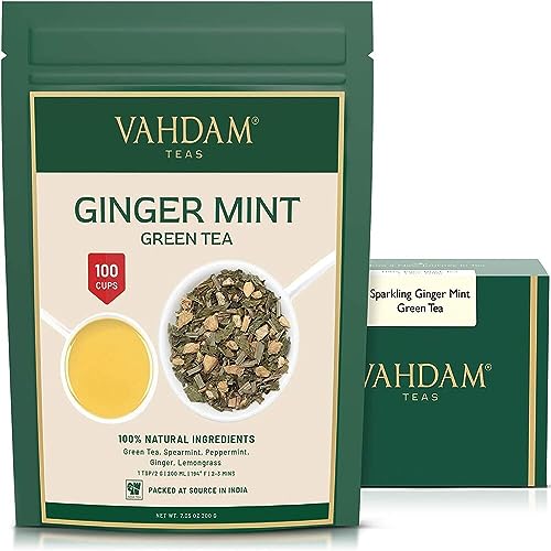 VAHDAM, Ginger Mint Green Tea (200g) Aromatisch & Köstlich | Mischung aus Ingwer & Minze | 100% Reine grüne Teeblätter | Aufbrühen Heißen/Eistee von VAHDAM