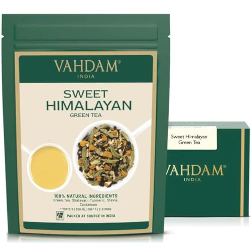 VAHDAM, Süßer Himalaya-Grüner Tee Loseblätter (200g,100 Tassen) Grüner Tee, Stevia, Kurkuma, Shatavari, Kardamom, Ashwagandha | 100% Natürlicher Koffeinfreier Loser Tee von VAHDAM