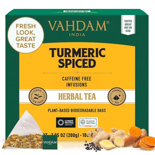 VAHDAM, Turmeric Spice Kräutertee Beutel (100 Teebeutel) Koffeinfrei | Kurkuma & Gartenfrischen Gewürzen | Verpackt in Indien | Brühen Sie Heiß, Eis oder Kombucha Tee von VAHDAM