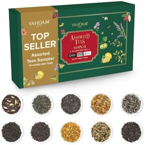 VAHDAM, Tee Sorten Geschenkset - 10 Tee Set | 100% Natürliche Zutanen | Loser Tee Geschenkset | Schwarztee, Grüner Tee, Oolong-Tee, Chai-Tee, Weißer Tee | Loose Leaf Tee | Tee Probierset Geschenkset von VAHDAM