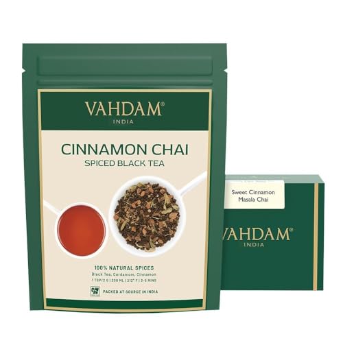 VAHDAM, Zimt-Masala-Chai-Tee (100 Tassen) | ECHTE GEWÜRZE | Rezept für gealterten Zimttee | Gewürzter Chai-Tee, lose Blätter | Heißen Tee, Eistee oder Chai Latte aufbrühen | Schwarzer Tee | 200 g von VAHDAM