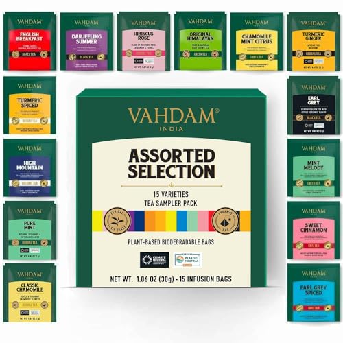 VAHDAM, Tee Probierset (15 Geschmacksrichtungen, 15 Teebeutel) Teesortenpackung - Schwarzer, Grüner, Oolong, Chai, Kräuter Tee | Tee Sortiment, Geschenke Für Frauen & Männer von VAHDAM