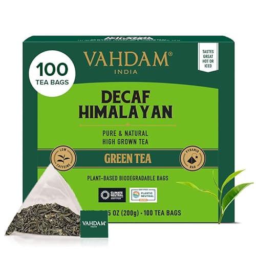 VAHDAM, Himalayan Grüner Tee Entkoffeiniert (100 Teebeutel) 100% Reiner & Aromatischer | Langblättriger grüner Tee | Vegan, Glutenfrei, Laktosefrei | Direkt Aus Indien | Grüner Tee von VAHDAM