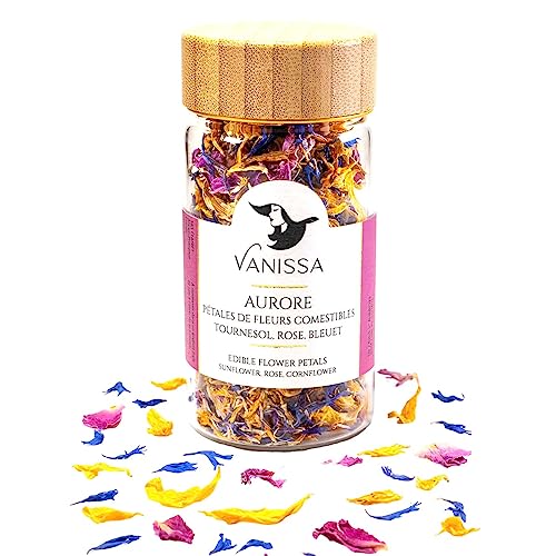 Vanissa Morgenröte - Essbare Blütenblätter: Rose, Kornblume, Sonnenblume im Glasbehälter von VANISSA