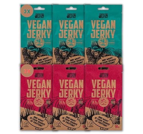 Vegan Jerky – 100% vegan - 6er Pack (6 x 50g) – 2 köstliche Geschmacksvarianten (Texas BBQ/Teriyaki) von VEGUN Vegan Unity