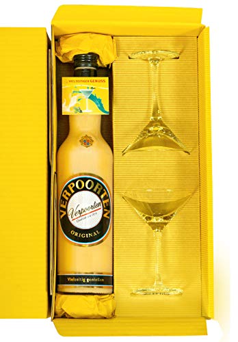 Geschenkverpackung mit einer 0,7 L Flasche VERPOORTEN ORIGINAL Eierlikör und 2 Cocktail Schalen im attraktiven Präsentkarton von VERPOORTEN ORIGINAL