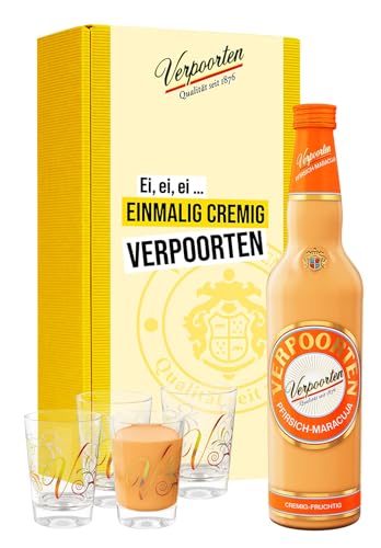Geschenkset bestehend aus einer 0,7 L Flasche VERPOORTEN PFIRSICH-MARACUJA Eierlikör 17%vol und 4 VERPOORTEN Designgläsern von VERPOORTEN ORIGINAL