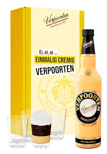 Geschenkset mit 0,7 L VERPOORTEN ORIGINAL Eierlikör 20%vol und 4 "Wappen"-Gläser von VERPOORTEN ORIGINAL