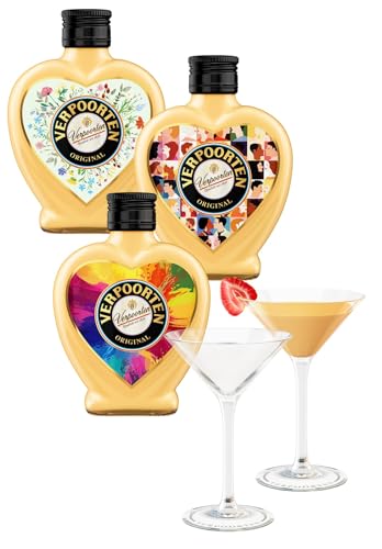Bundle mit drei 0,2 L Herzflaschen VERPOORTEN ORIGINAL Eierlikör 20%vol und 2 Cocktailschalen von VERPOORTEN ORIGINAL