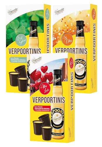 VERPOORTINIS: 0,1 L Flasche VERPOORTEN ORIGINAL Eierlikör 20%vol mit 5 Schokobechern (4er Pack) von VERPOORTEN ORIGINAL