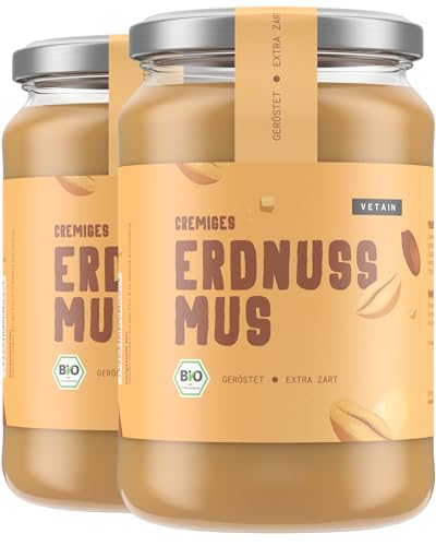 VETAIN Bio Erdnussmus Cremig - Aus 100% gerösteten Erdnüssen - Vegane Erdnussbutter - High Protein - Ohne Zucker & Palmöl - perfekt als Topping für Müsli, Porridge oder als Brotaufstrich (2 x 500g) von VETAIN