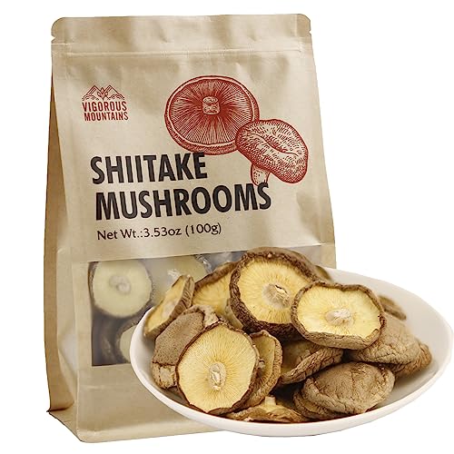 VIGOROUS MOUNTAINS Getrocknete Shiitake Pilze zum Kochen, reiner Aroma Dünne Kappe Pilz ohne Stiel, schnell rehydrieren, weiche Textur Xiangxin Shiitake, 3.53OZ von VIGOROUS MOUNTAINS