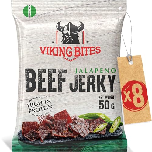 Viking Bites Beef Jerky Jalapeno 400g (8 x 50g) – Getrocknetes Rindfleisch – Fleischsnack mit hohem Proteingehalt von VIKING BITES