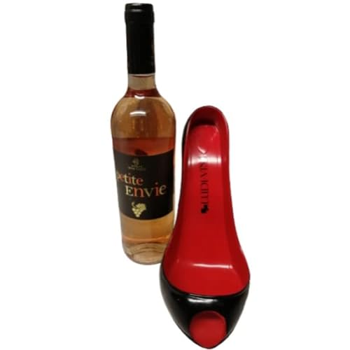 Sexy Weinflaschenhalter, Schwarzer und roter Schuh, Juwelen + Rosé Petite envie. von VINACCUS