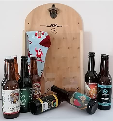 Trinkspiel, der handwerkliche Holzkeller-Flaschenöffner + 12 Flaschen 33cl Craft Beer + ein Paar Weihnachtssocken von VINACCUS