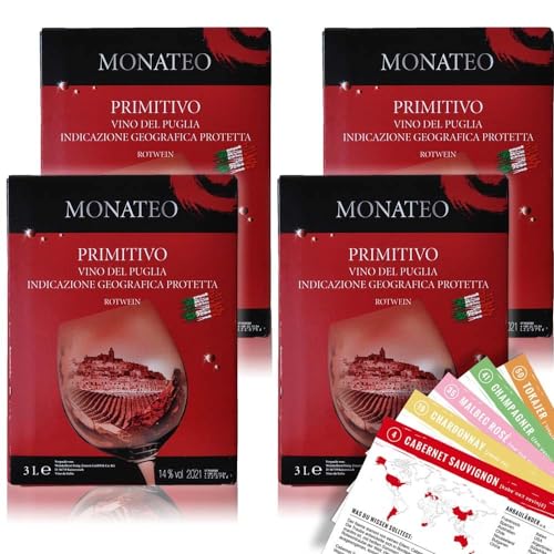 Monateo Primitivo Puglia, trocken, Bag-in-Box, sortenreines Weinpaket + VINOX Winecards (4x3,0l) von VINOX